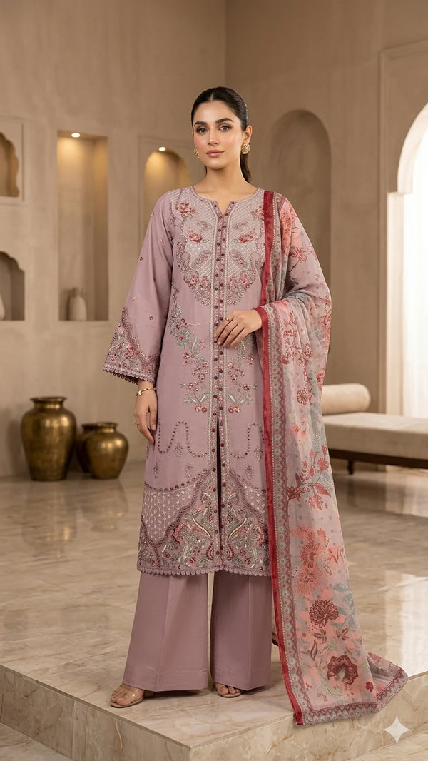 Mauve blush 3Pc - Embroidered Lawn Dress