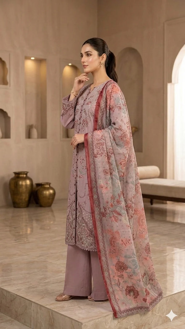 Mauve blush 3Pc - Embroidered Lawn Dress