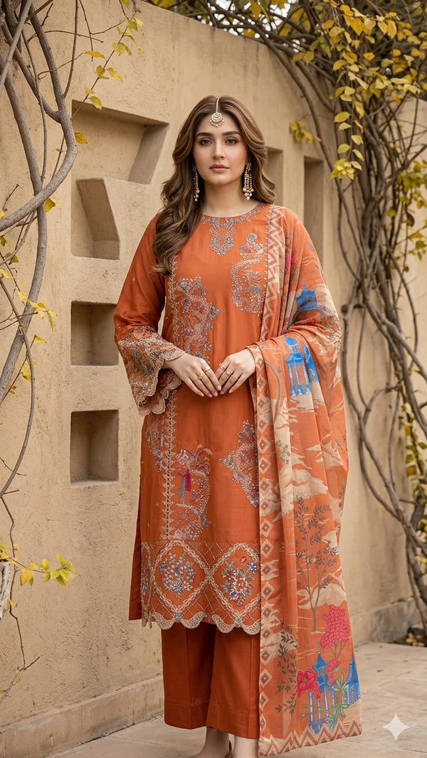 Burnt orange 3Pc - Embroidered Lawn Dress