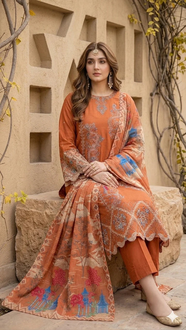 Burnt orange 3Pc - Embroidered Lawn Dress