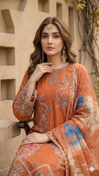 Burnt orange 3Pc - Embroidered Lawn Dress