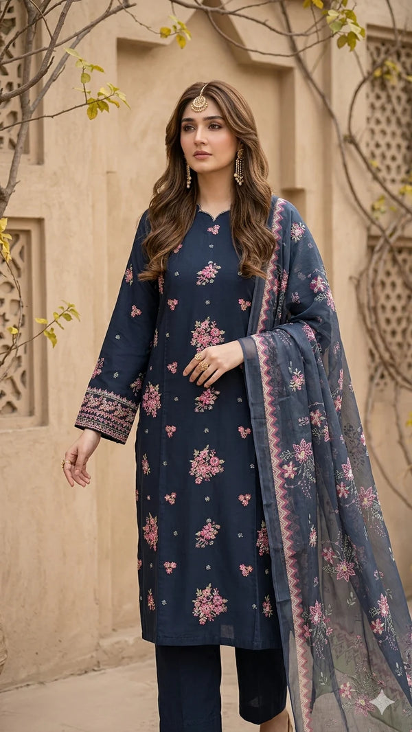 Cyra Blue 3Pc - Embroidered Lawn Dress
