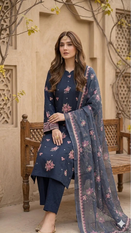 Cyra Blue 3Pc - Embroidered Lawn Dress