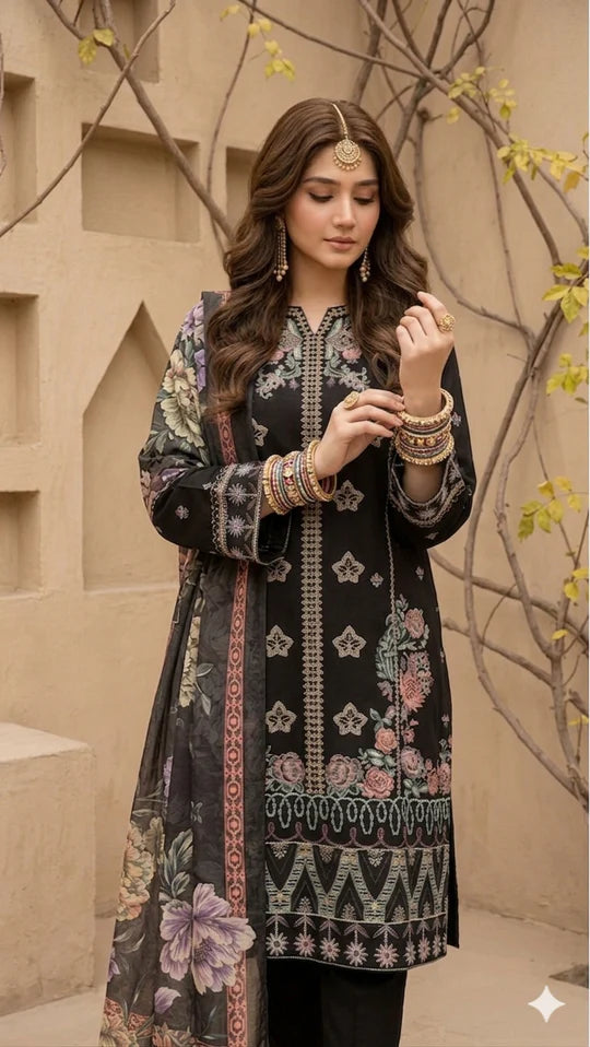 Elmira 3Pc - Embroidered Lawn Dress