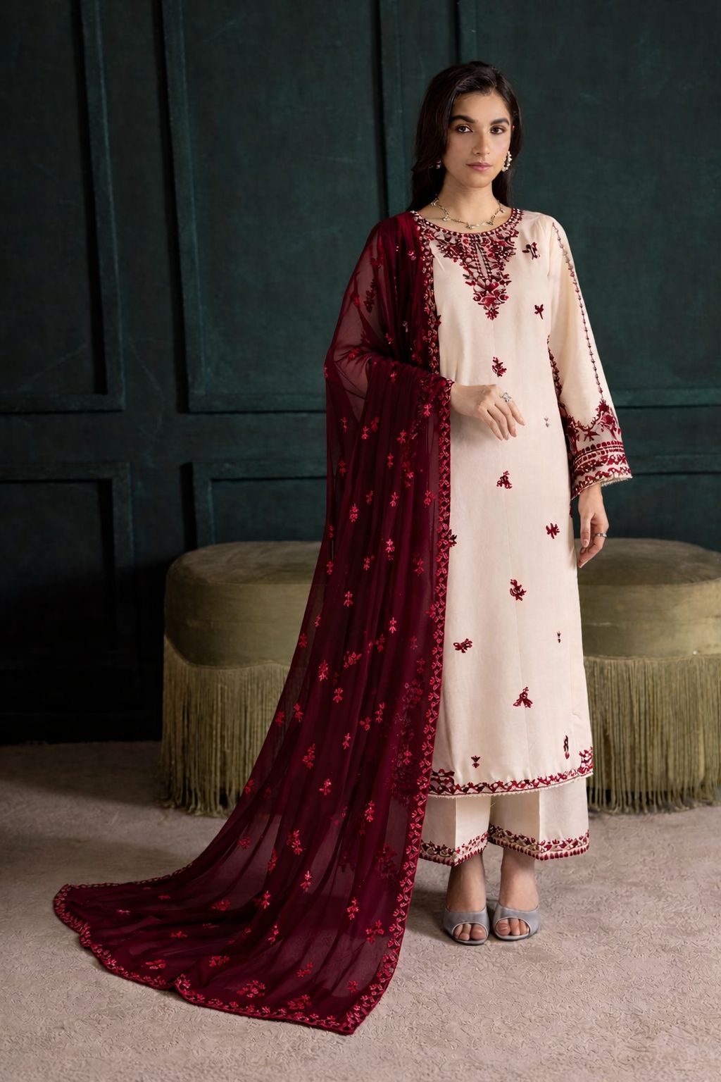 Ivory Rua 3Pc - Embroidered Lawn Dress